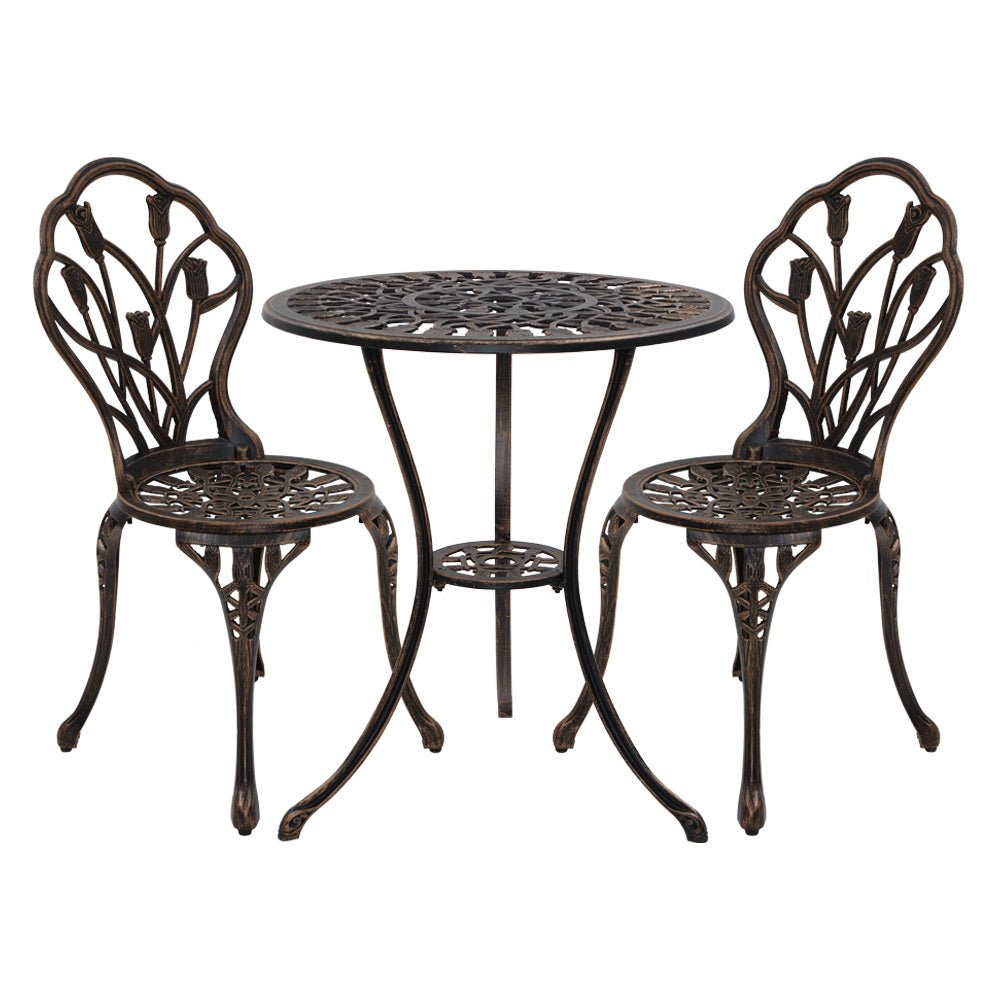 Outdoor Dining Setting for 2 | Bistro Set | Cast Aluminium | Tulip Design | Bronze