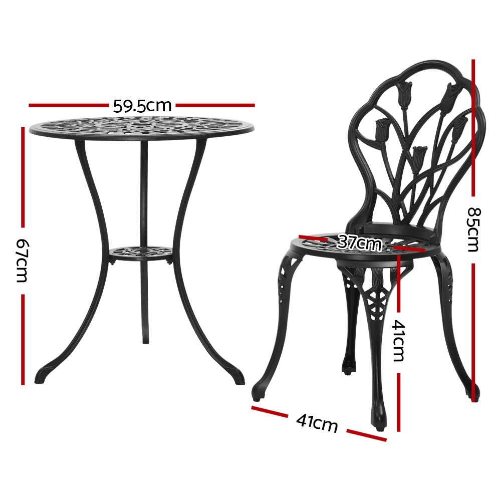 Outdoor Dining Setting for 2 | Bistro Set | Cast Aluminium | Tulip Design | Black