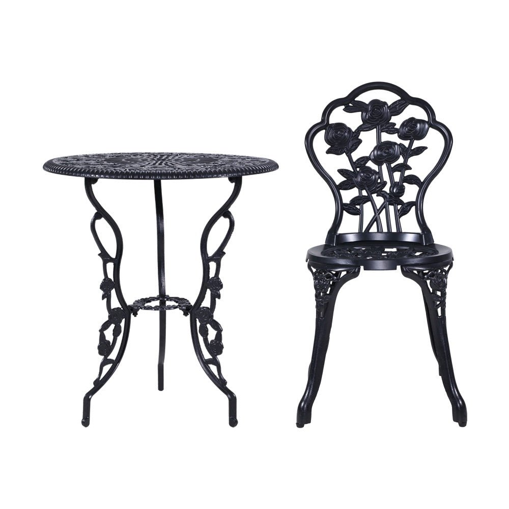Outdoor Dining Setting for 2 | Bistro Set | Cast Aluminium | Rose Design | Black