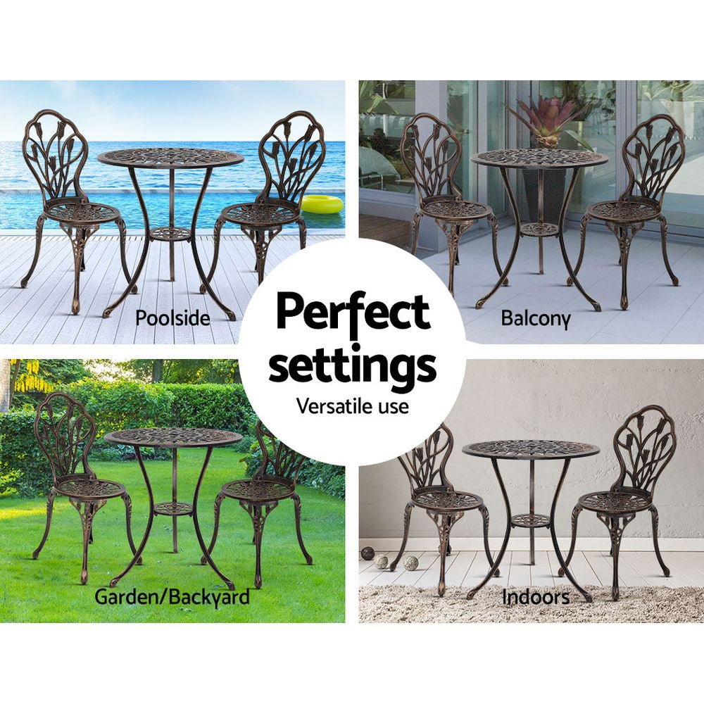 Outdoor Dining Setting for 2 | Bistro Set | Cast Aluminium | Tulip Design | Bronze
