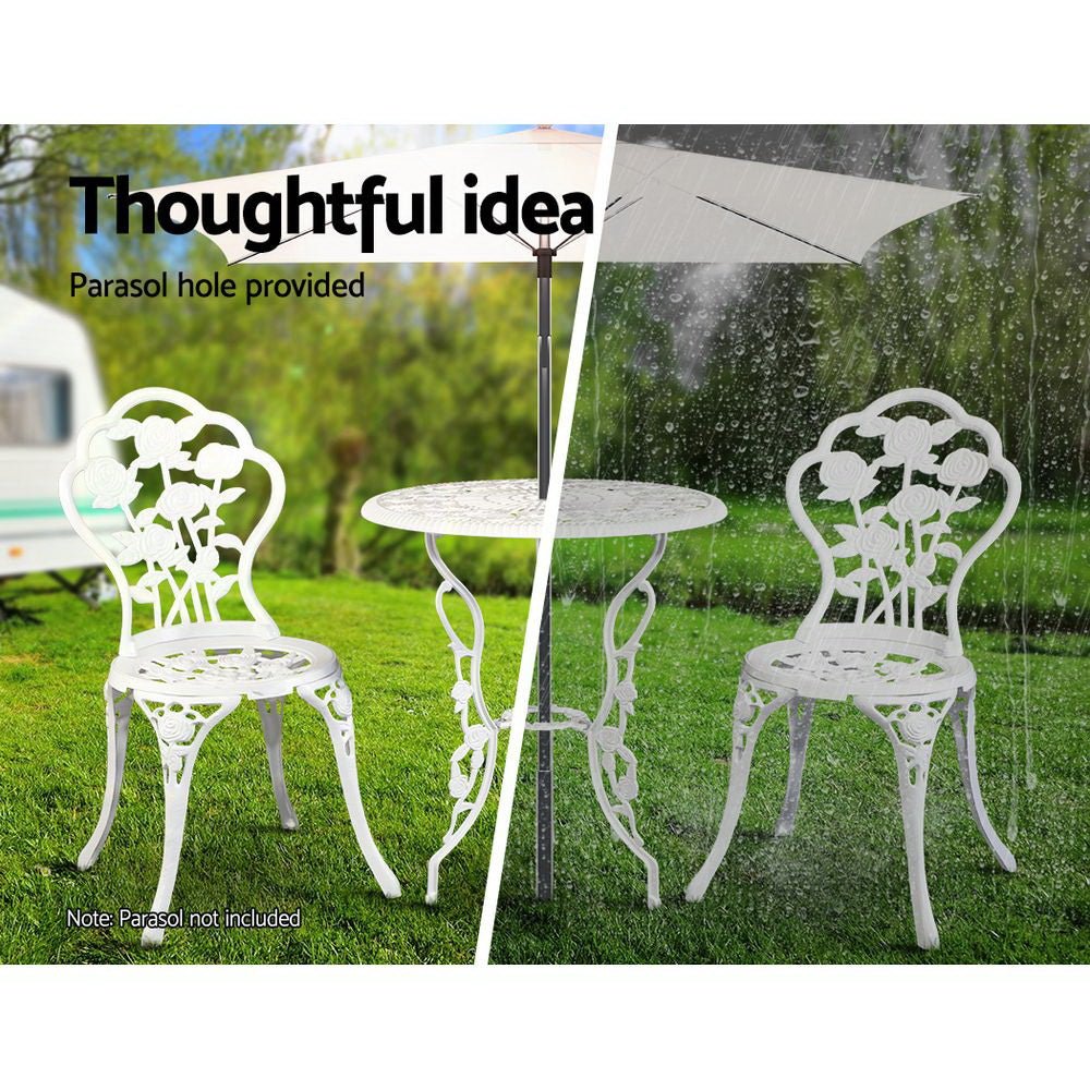 Outdoor Dining Setting for 2 | Bistro Set | Cast Aluminium | Rose Design | White
