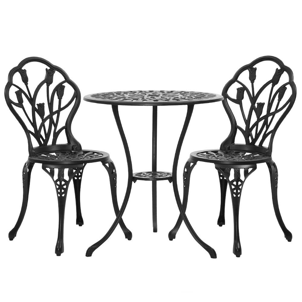 Outdoor Dining Setting for 2 | Bistro Set | Cast Aluminium | Tulip Design | Black
