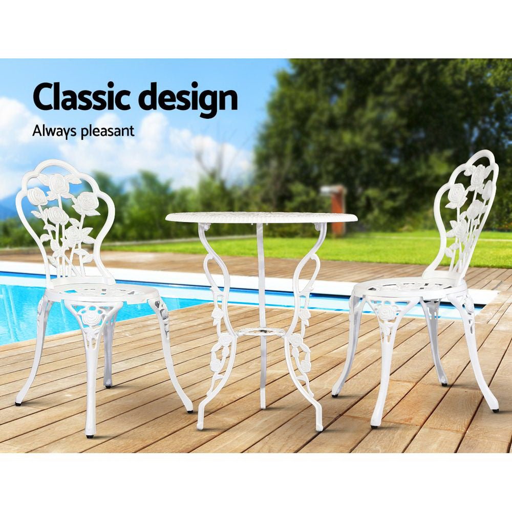 Outdoor Dining Setting for 2 | Bistro Set | Cast Aluminium | Rose Design | White