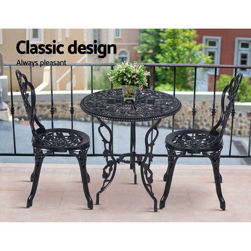 Outdoor Dining Setting for 2 | Bistro Set | Cast Aluminium | Rose Design | Black