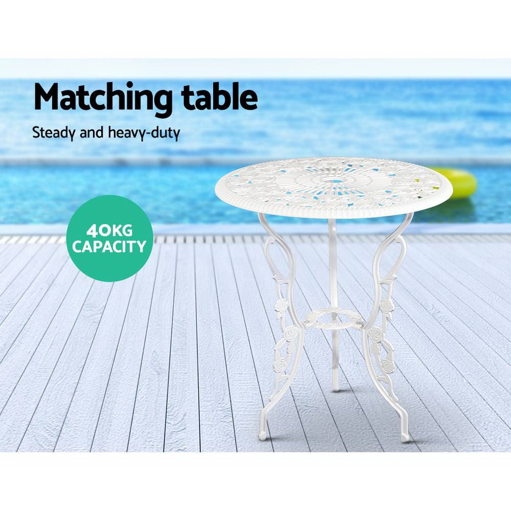 Outdoor Dining Setting for 2 | Bistro Set | Cast Aluminium | Rose Design | White