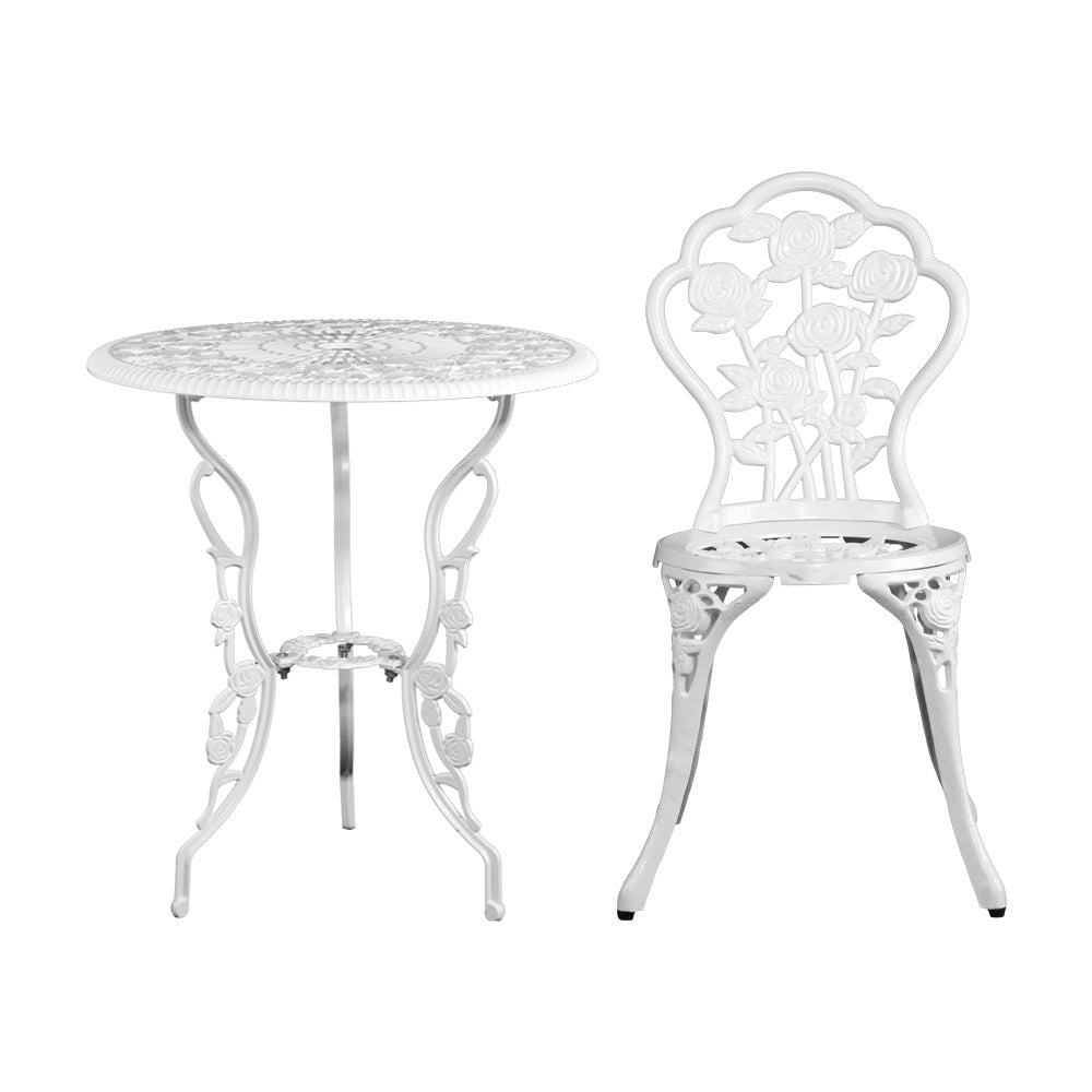 Outdoor Dining Setting for 2 | Bistro Set | Cast Aluminium | Rose Design | White