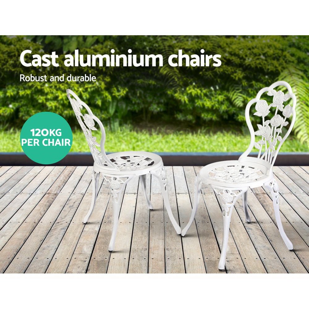 Outdoor Dining Setting for 2 | Bistro Set | Cast Aluminium | Rose Design | White