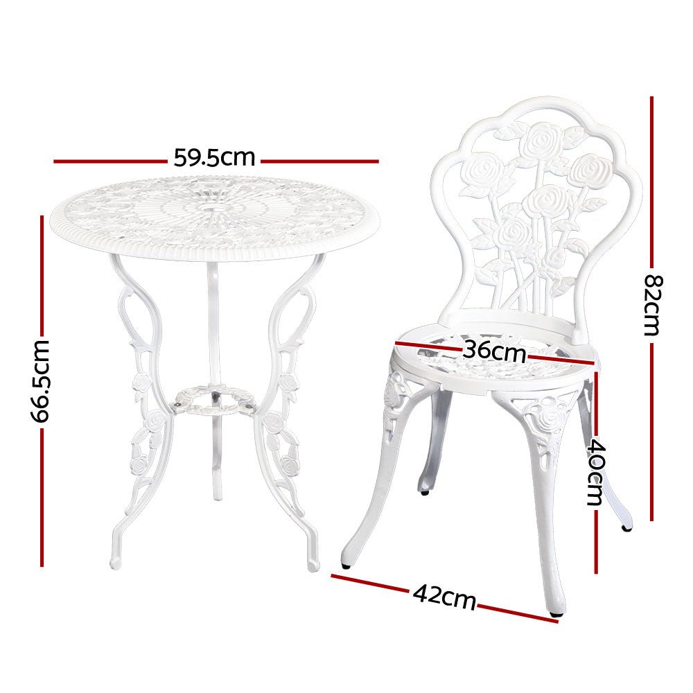 Outdoor Dining Setting for 2 | Bistro Set | Cast Aluminium | Rose Design | White
