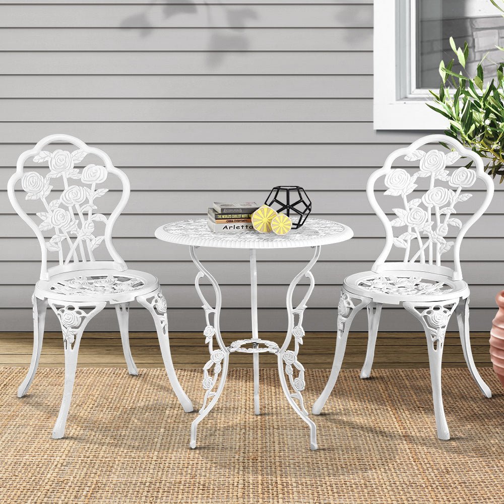 Outdoor Dining Setting for 2 | Bistro Set | Cast Aluminium | Rose Design | White