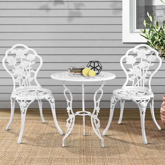 Outdoor Dining Setting for 2 | Bistro Set | Cast Aluminium | Rose Design | White