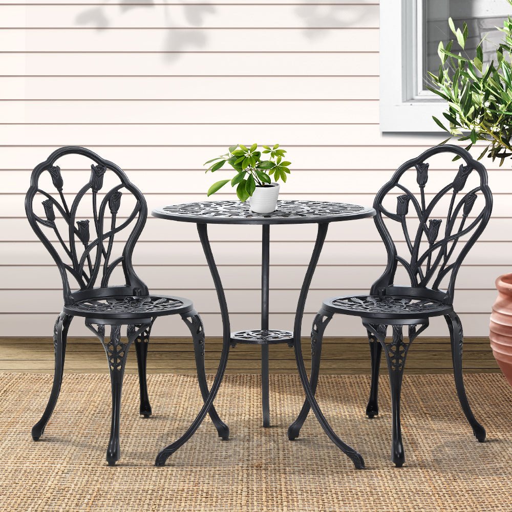 Outdoor Dining Setting for 2 | Bistro Set | Cast Aluminium | Tulip Design | Black