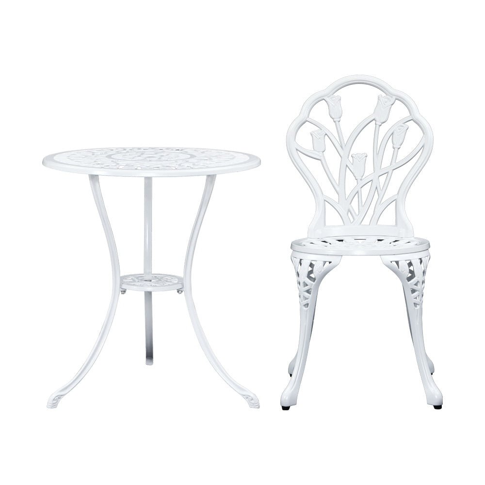 Outdoor Dining Setting for 2 | Bistro Set | Cast Aluminium | Tulip Design | White