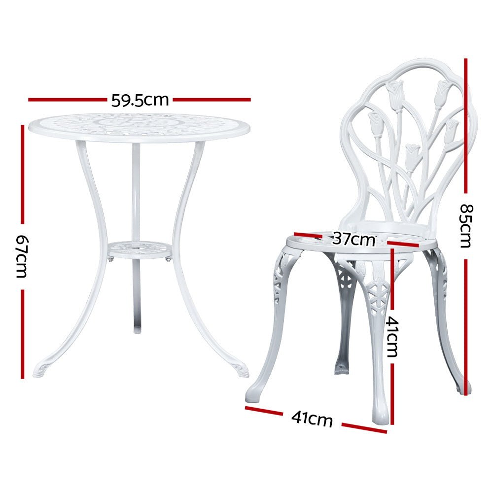 Outdoor Dining Setting for 2 | Bistro Set | Cast Aluminium | Tulip Design | White