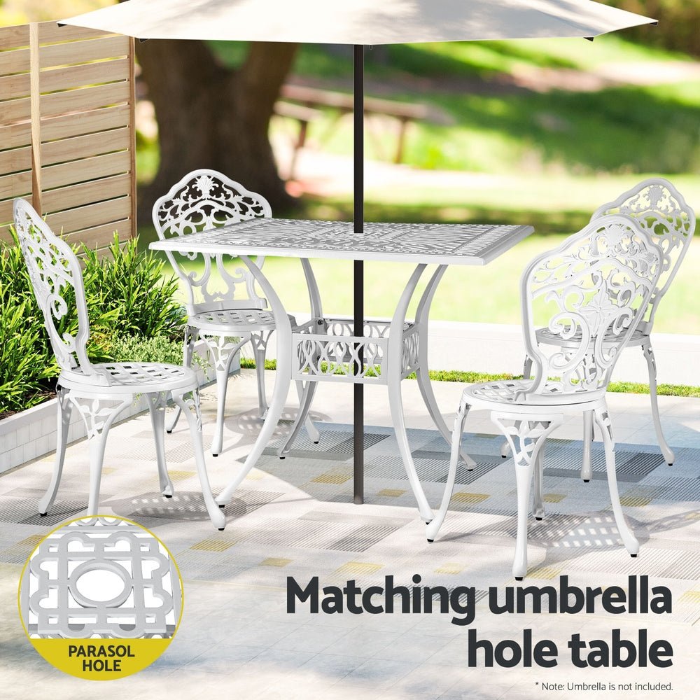 Outdoor Dining Setting for 4 | Bistro Set with Square Outdoor Table | Cast Aluminium | White