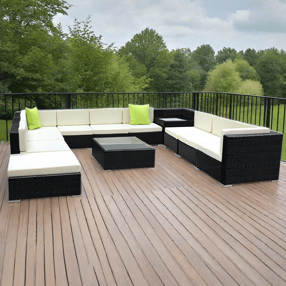 Outdoor Lounge | 10 Seat | Modular Outdoor Sofa Setting | Includes Corner Table, Coffee Table and Storage Cover | Black and Beige