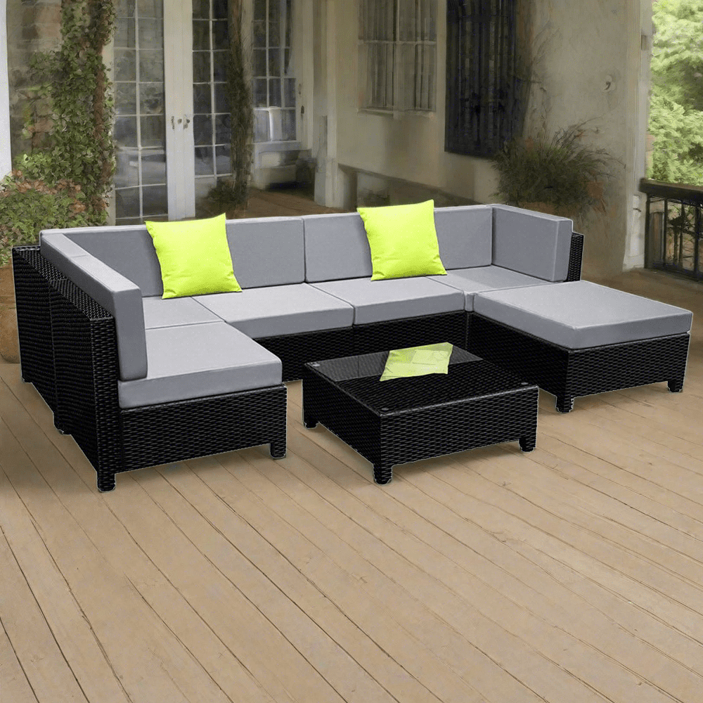 Outdoor Lounge | 6 Seat | Modular Outdoor Sofa Setting | Includes Grey and Beige Cushion Covers | Bondi Range | Black