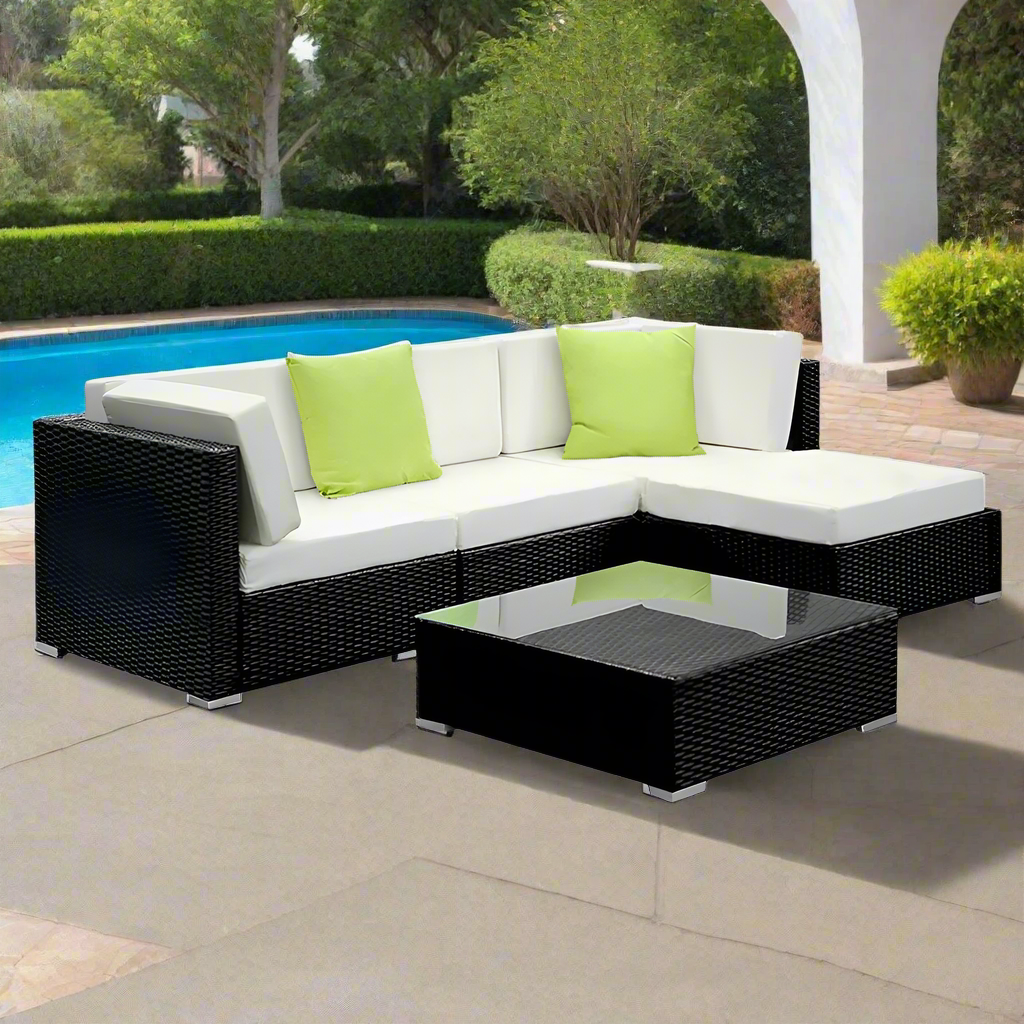 Outdoor Lounge | 4 Seat | Modular Outdoor Sofa Setting | Includes Coffee Table and Storage Cover | Black and Beige