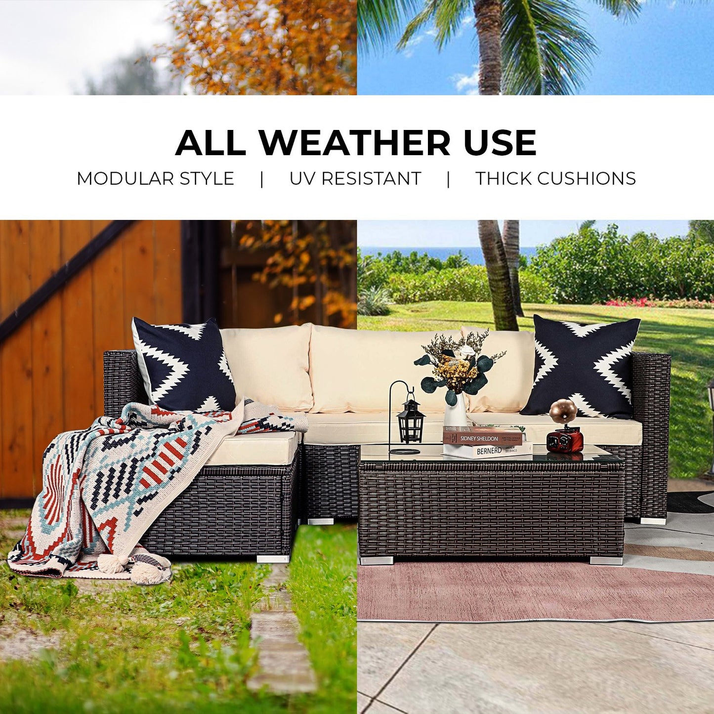Modular Outdoor Lounge Set | 4 Seat | Sarantino | Brown & Cream