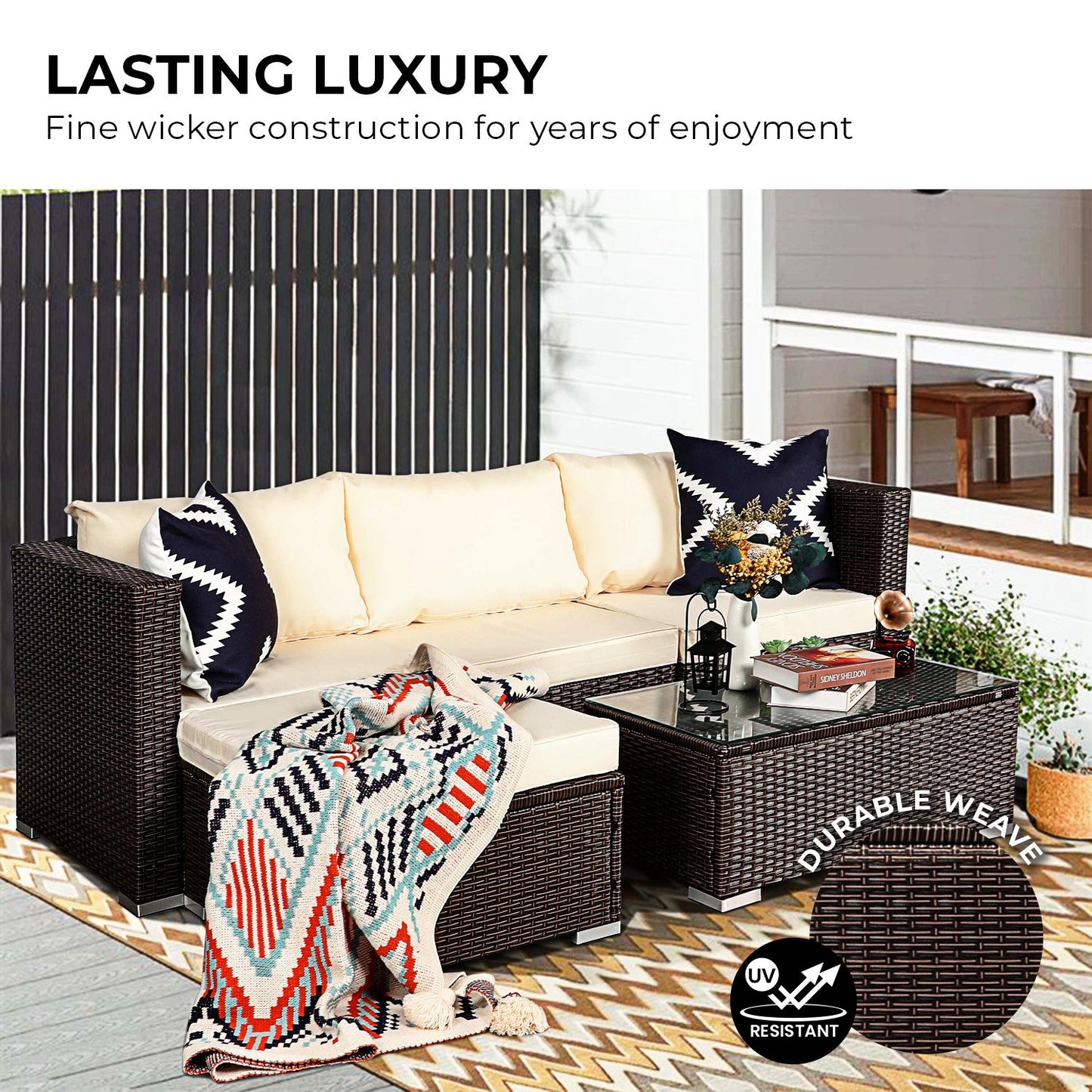 Modular Outdoor Lounge Set | 4 Seat | Sarantino | Brown & Cream