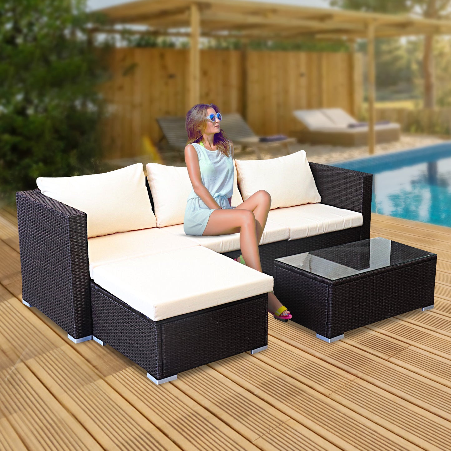 Modular Outdoor Lounge Set | 4 Seat | Sarantino | Brown & Cream