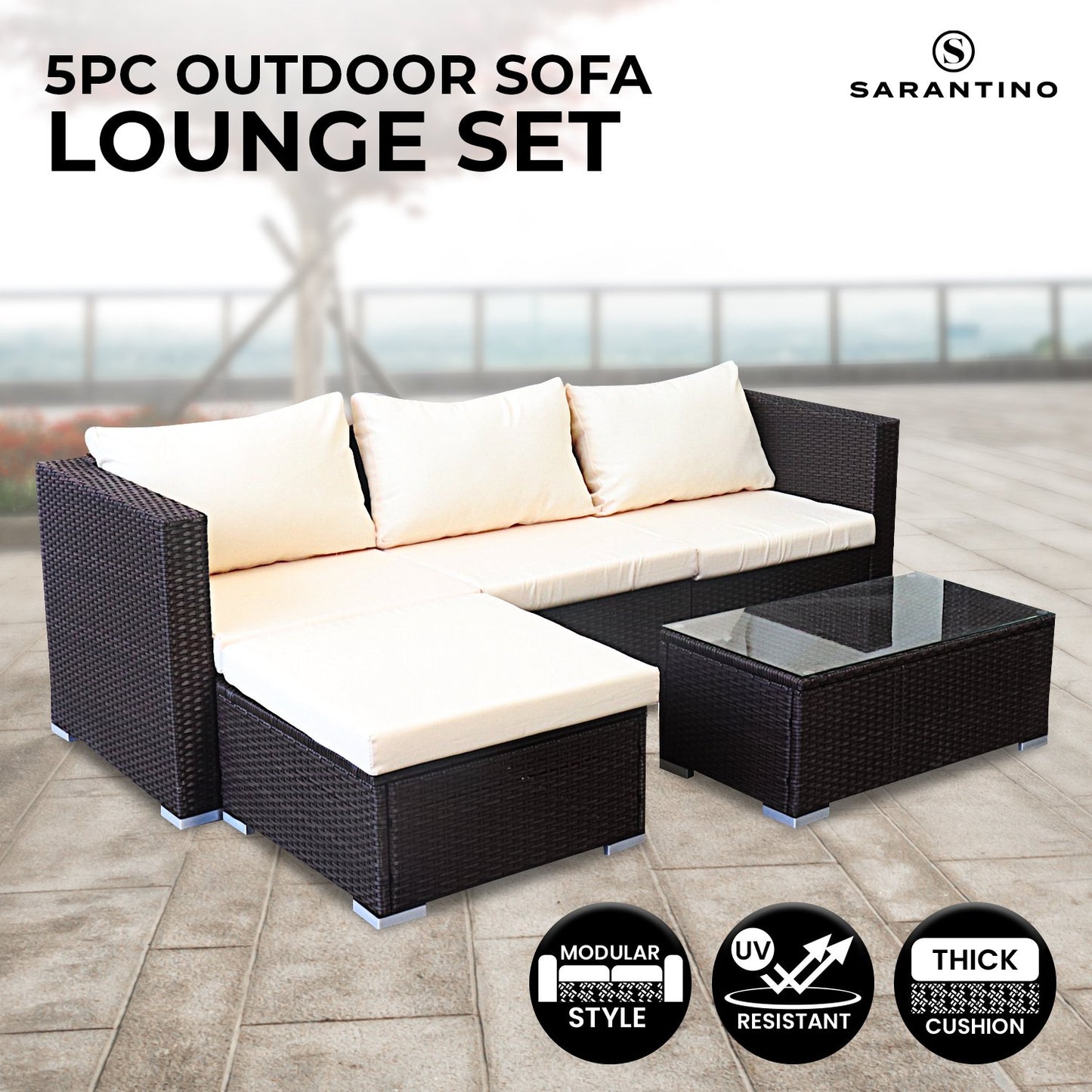 Modular Outdoor Lounge Set | 4 Seat | Sarantino | Brown & Cream