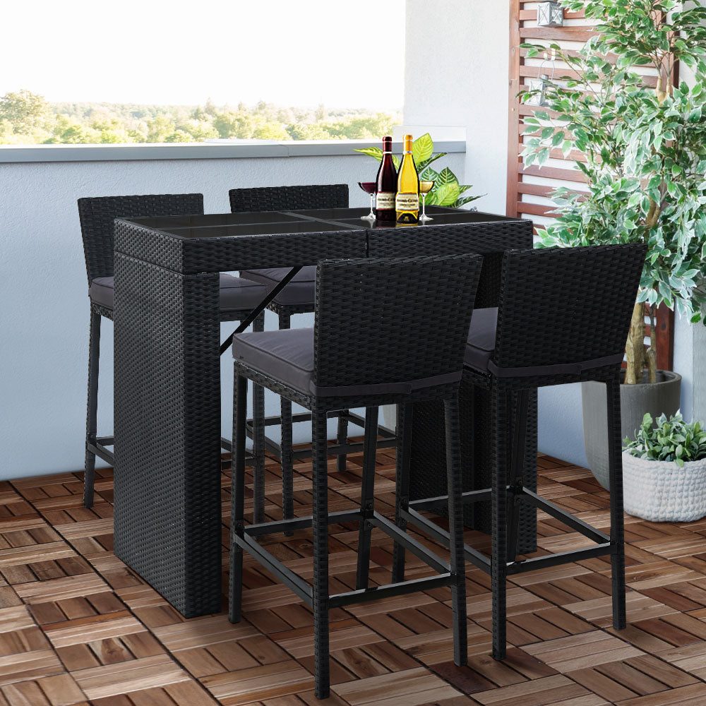 Bar Table Setting with 4 Chairs Outdoor Rattan Black