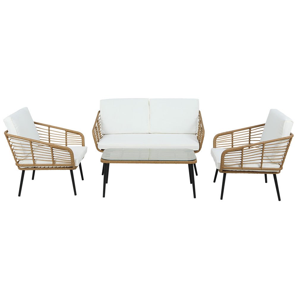 Outdoor Lounge Setting | Rattan 4-Piece Outdoor Sofa | Table Chairs | Gardeon | Oak