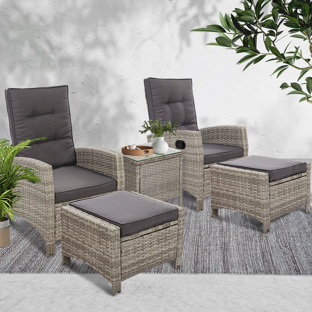 Outdoor Recliner Chair Conversation Set 5 Piece Grey
