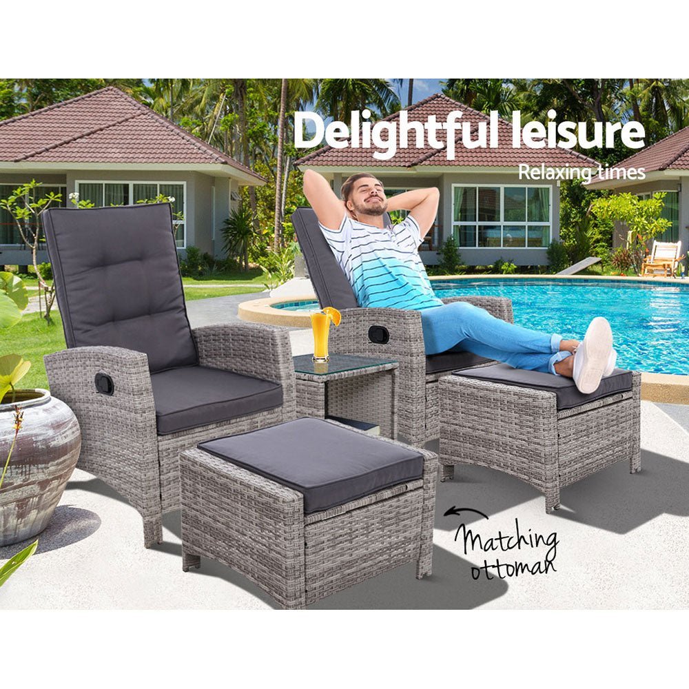 Outdoor Recliner Chair Conversation Set 5 Piece Grey