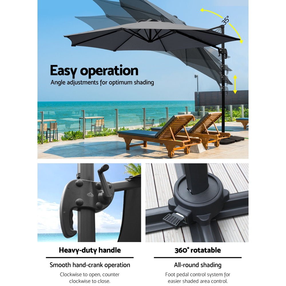 Cantilever Umbrella | 360 Degree Rotation | Large Square Base | Instahut | Roma | 3m | Charcoal