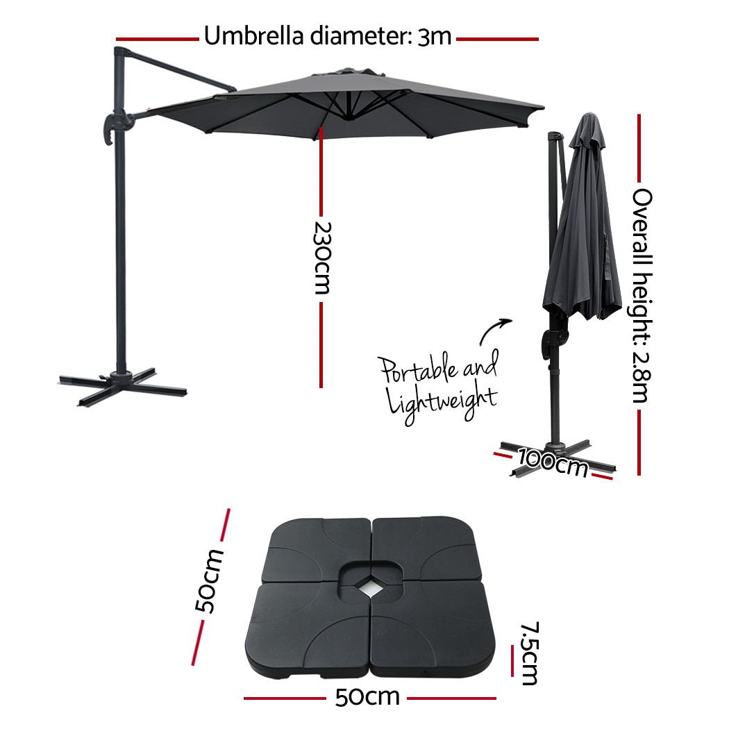 Cantilever Umbrella | 360 Degree Rotation | Large Square Base | Instahut | Roma | 3m | Charcoal