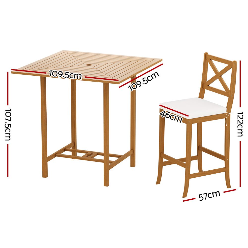 Outdoor Bar Table Setting for 4 | Square Solid Wood Design | Natural and White
