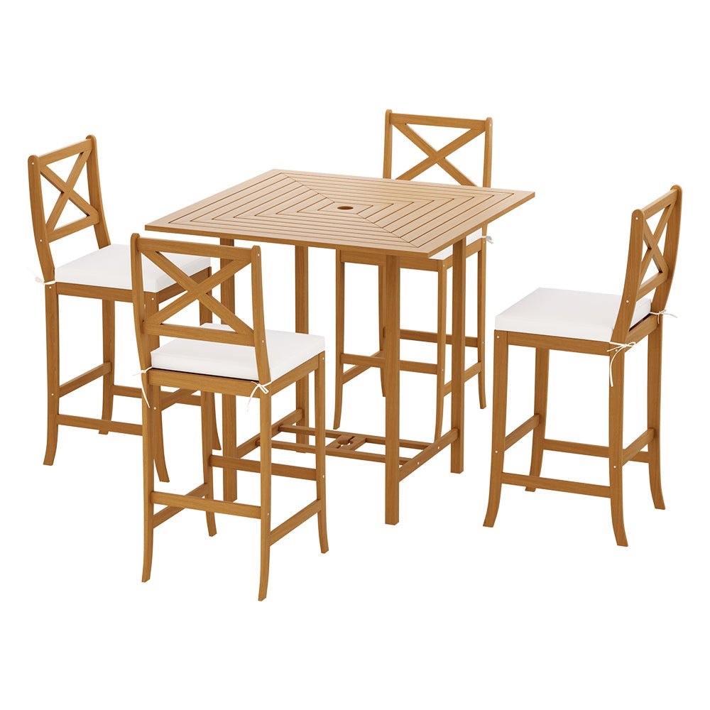 Outdoor Bar Table Setting for 4 | Square Solid Wood Design | Natural and White