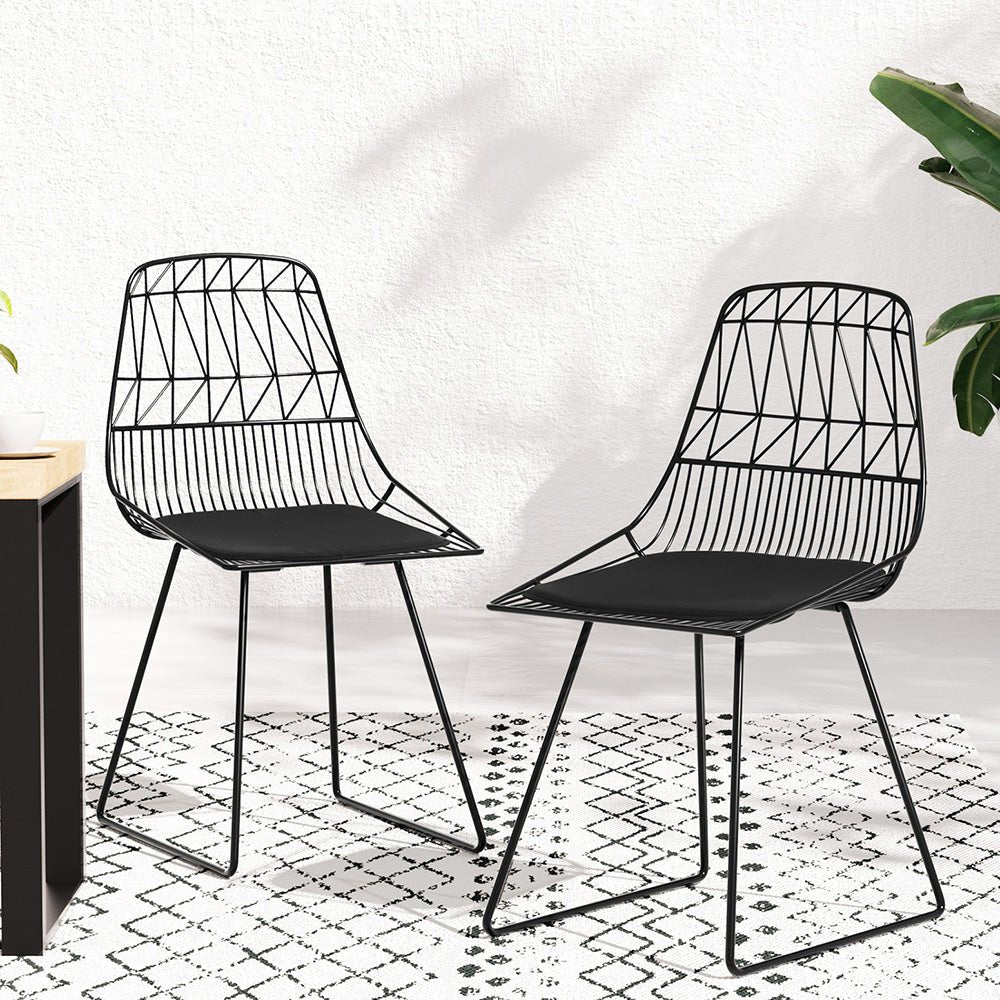 Outdoor Dining Chair Set | 2x Steel Wire Patio Chairs | Black