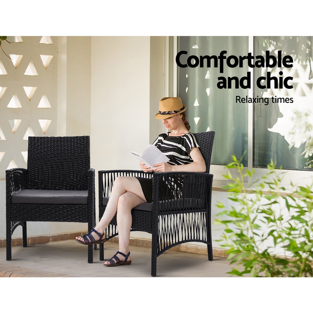 Outdoor Chairs 2PC Wicker Lounge Chair Gardeon Harp Black