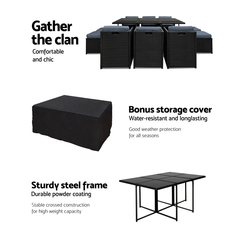 Outdoor Dining Setting Gardeon 10 Seat Wicker Table Chairs Set Black
