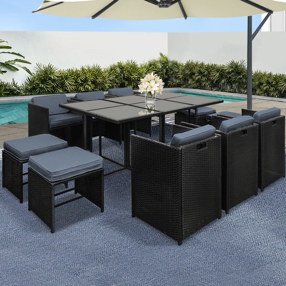 Outdoor Dining Setting Gardeon 10 Seat Wicker Table Chairs Set Black