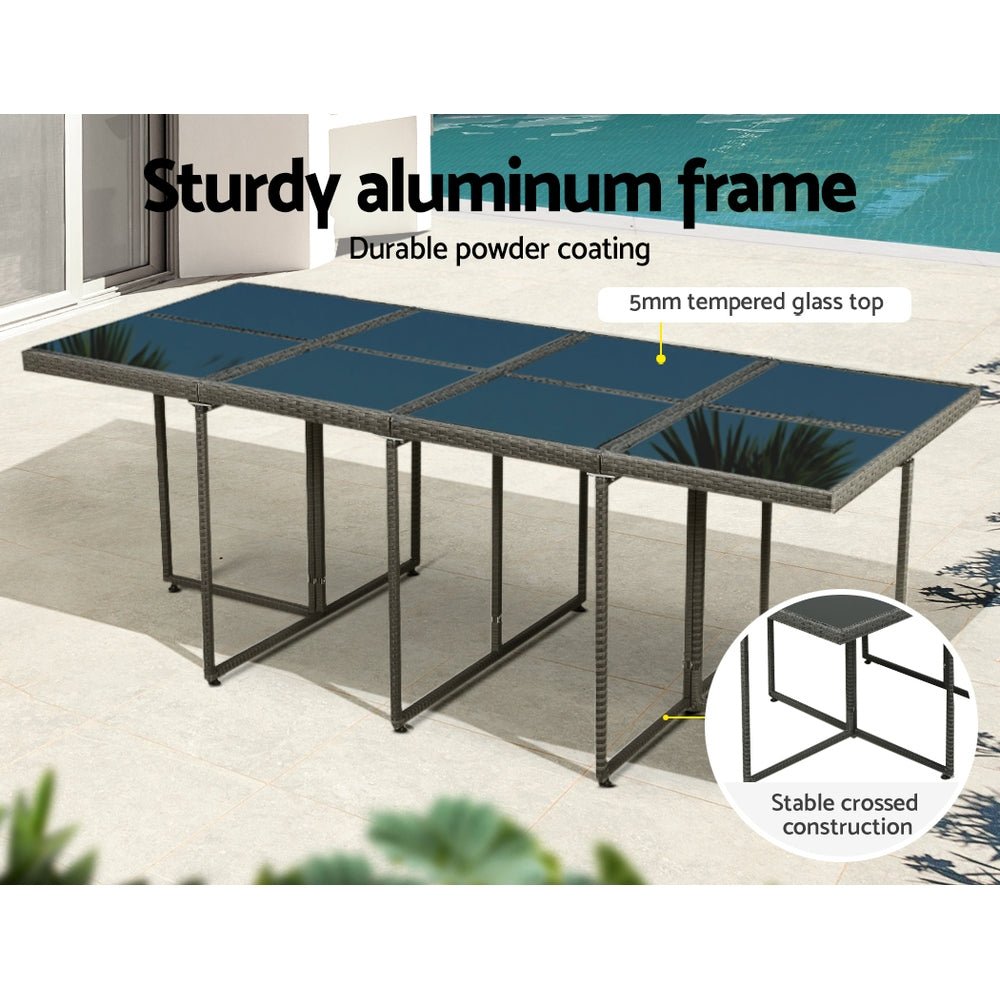 Outdoor Dining Table Set 12 Seater Wicker Table Chairs Ottomans Setting Grey