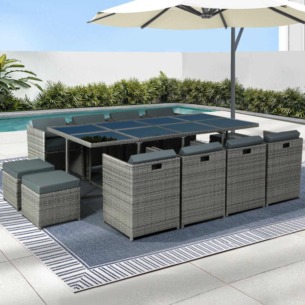 Outdoor Dining Table Set 12 Seater Wicker Table Chairs Ottomans Setting Grey