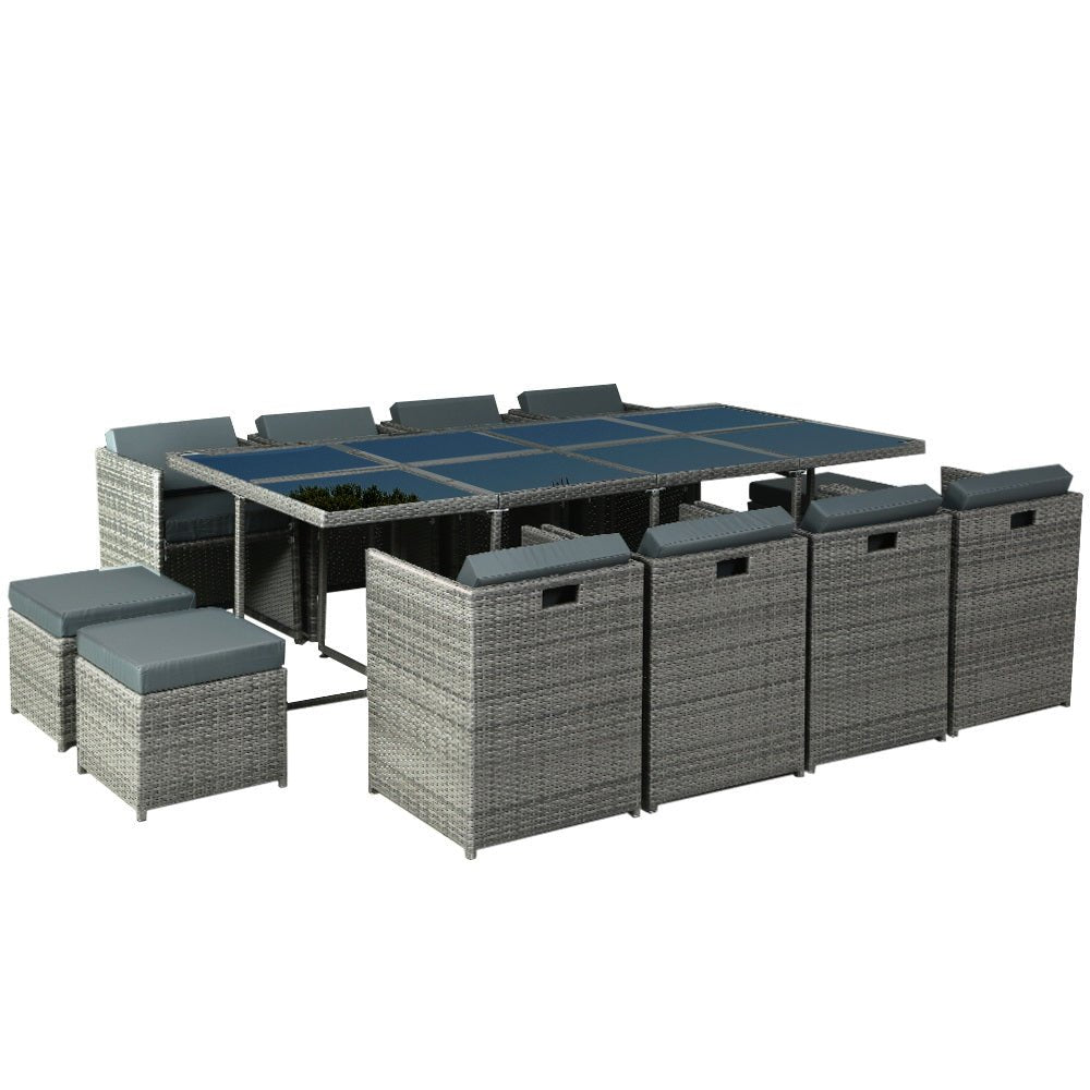 Outdoor Dining Table Set 12 Seater Wicker Table Chairs Ottomans Setting Grey