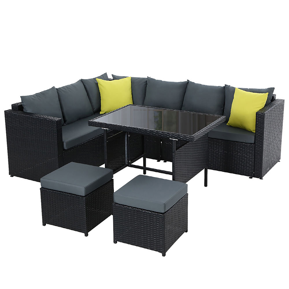Outdoor Dining Set Aluminium Table Chairs Ottoman Wicker Setting Black