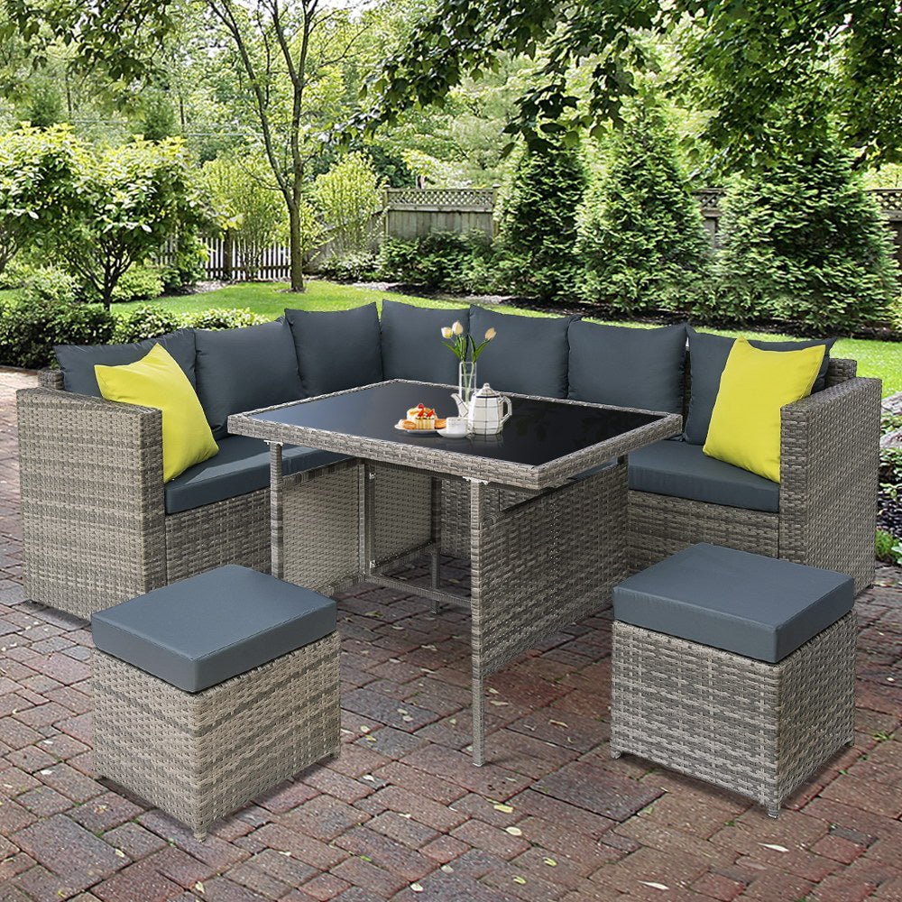 Outdoor Dining Set Aluminium Table Chairs Ottoman Wicker Setting Grey