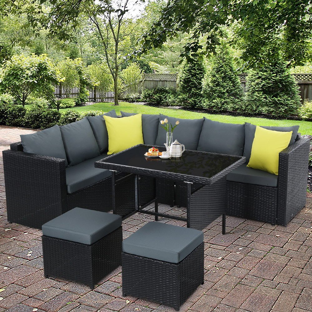 Outdoor Dining Set Aluminium Table Chairs Ottoman Wicker Setting Black