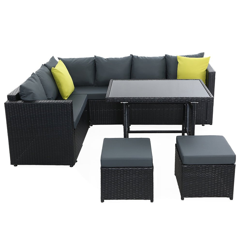 Outdoor Dining Set Aluminium Table Chairs Ottoman Wicker Setting Black