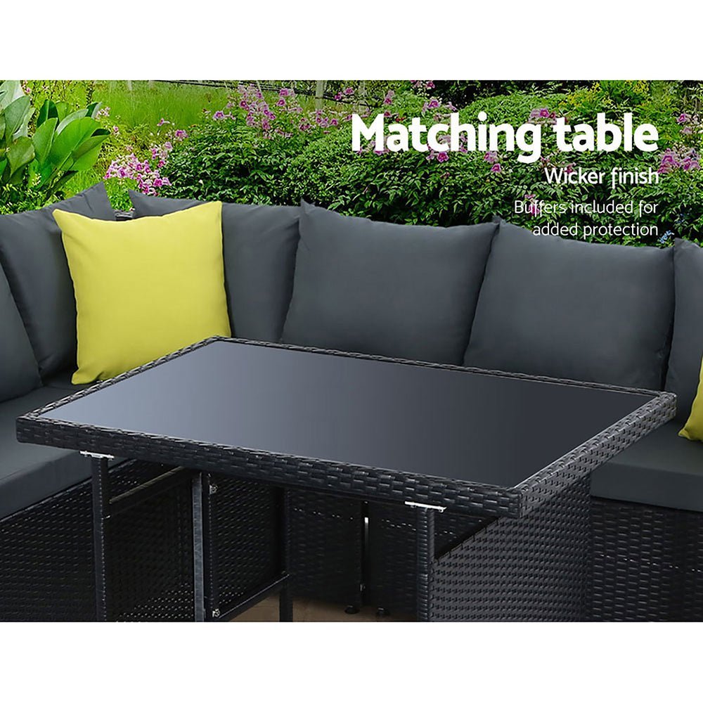 Outdoor Dining Set Aluminium Table Chairs Ottoman Wicker Setting Black
