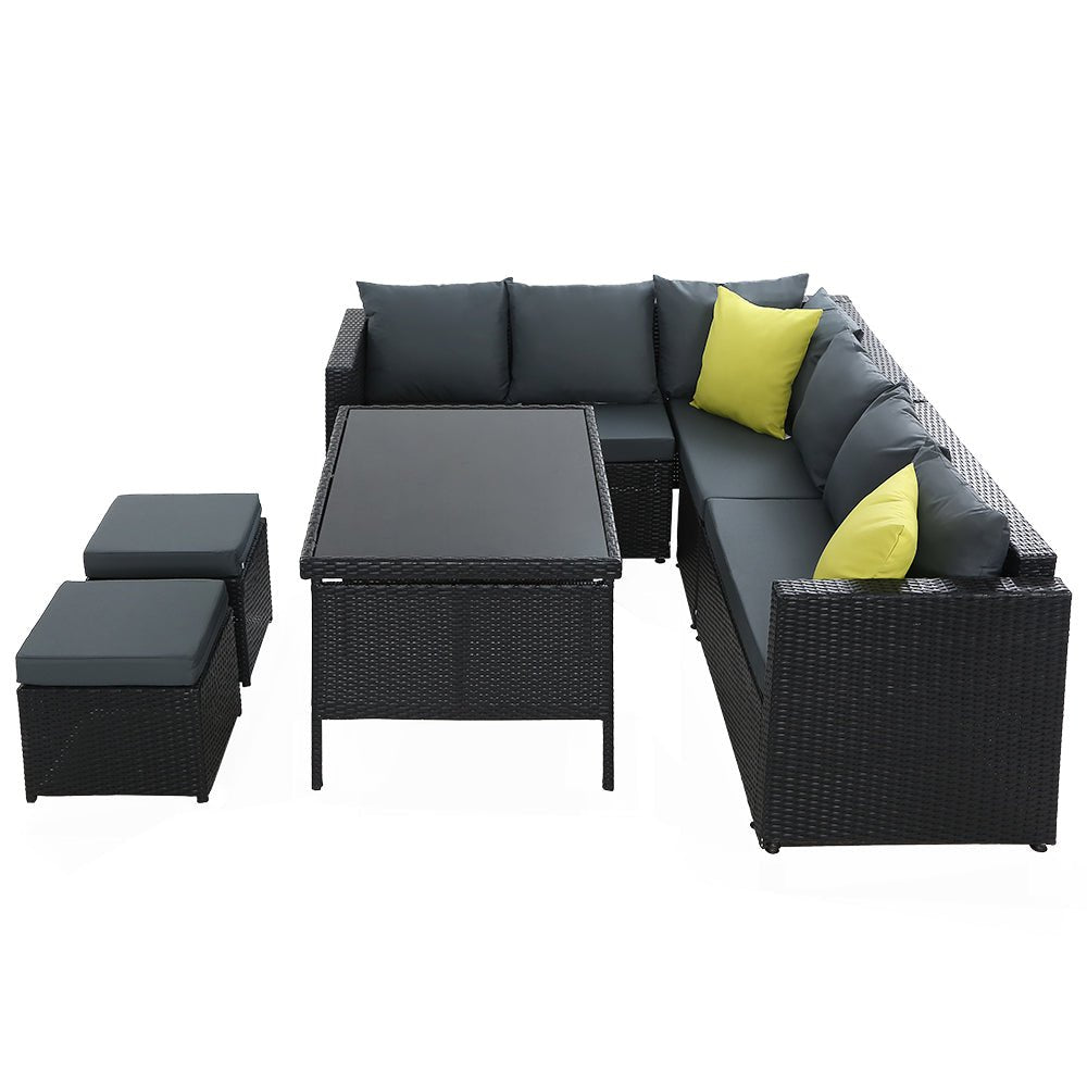Outdoor Dining Set Aluminium Table Chairs Ottoman Wicker Setting Black