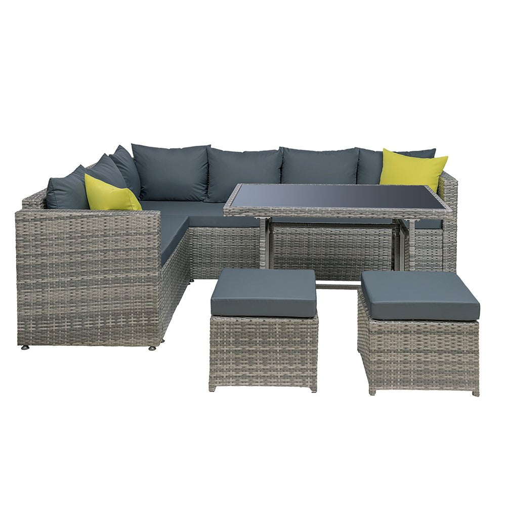 Outdoor Dining Set Aluminium Table Chairs Ottoman Wicker Setting Grey