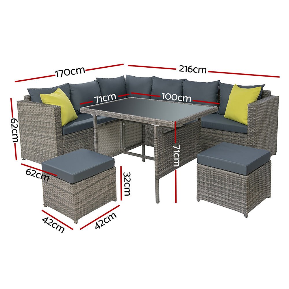 Outdoor Dining Set Aluminium Table Chairs Ottoman Wicker Setting Grey