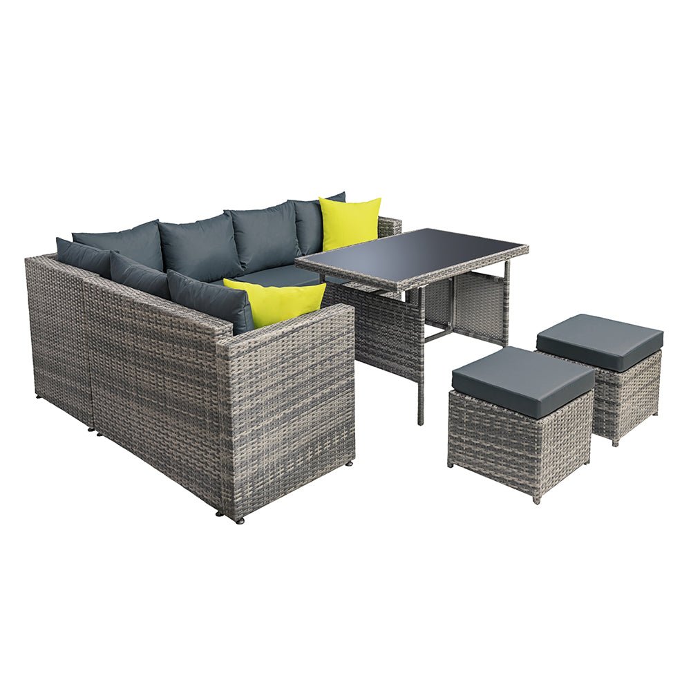 Outdoor Dining Set Aluminium Table Chairs Ottoman Wicker Setting Grey