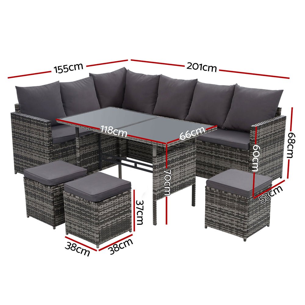 Outdoor Dining Set 9 Seater Lounge Setting Chairs Table Ottoman Grey